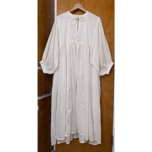 House Of Sundar Sara Midi Dress Snow White Indian Cotton Pockets Peasant Sz XL - Picture 2 of 7